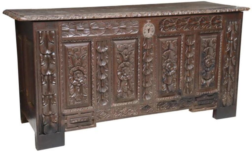 Appraisal: French Renaissance Revival carved oak coffer storage trunk late th