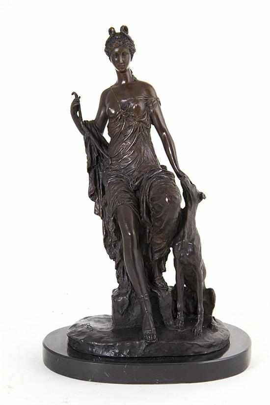 Appraisal: Bronze sculpture of Diana with hound Continental th century with