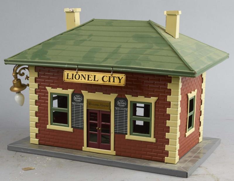 Appraisal: Tin Litho Lionel City Light-Up Waiting Station Brick building with