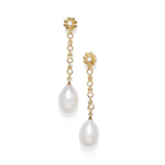 Appraisal: PEARL AND DIAMOND EAR PENDANTS Yellow gold Decorative ear pendants