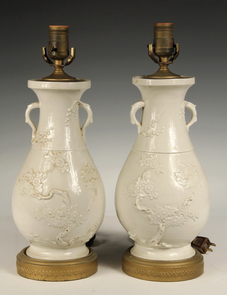 Appraisal: PAIR OF CHINESE VASES AS TABLE LAMPS - Blanc de