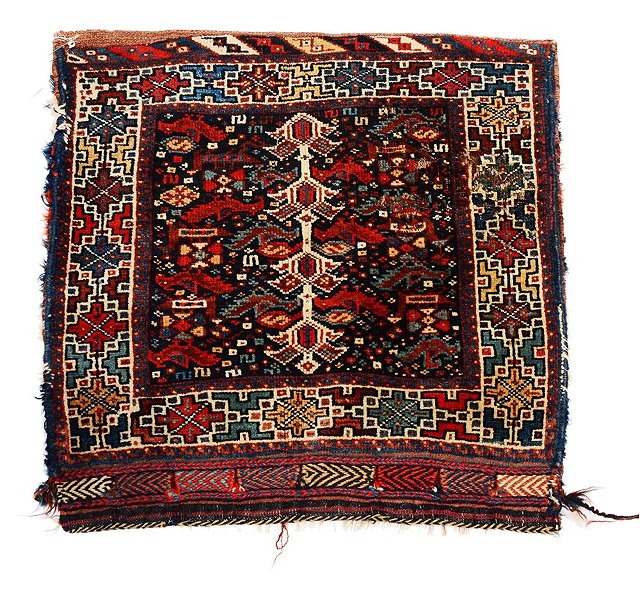 Appraisal: A KHAMSEH BLUE GROUND BAG with woven back herringbone end