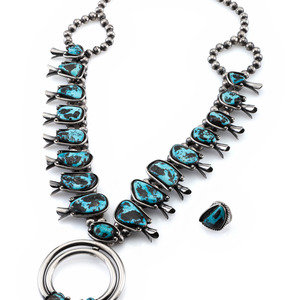 Appraisal: Navajo Silver and Turquoise Squash Blossom Necklace with Ring third