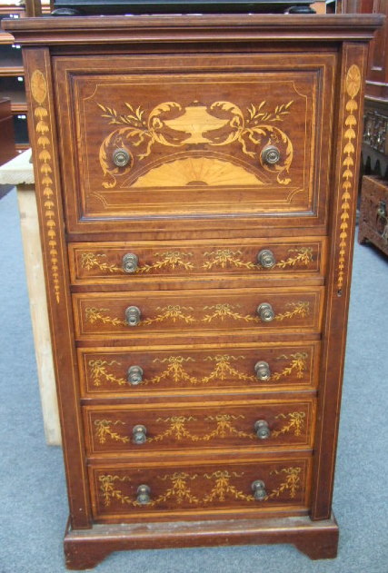 Appraisal: A th century marquetry inlaid mahogany secretaire Wellington chest the