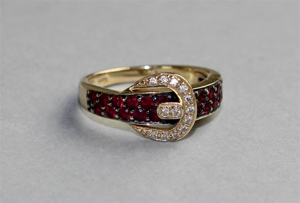 Appraisal: LEVIAN GOLD DIAMOND AND RUBY BUCKLE RING fashioned in Retro