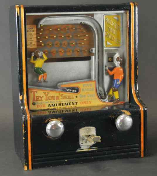 Appraisal: KICKER CATCHER ARCADE SKILL MACHINE Wooden case die-cast figures nice