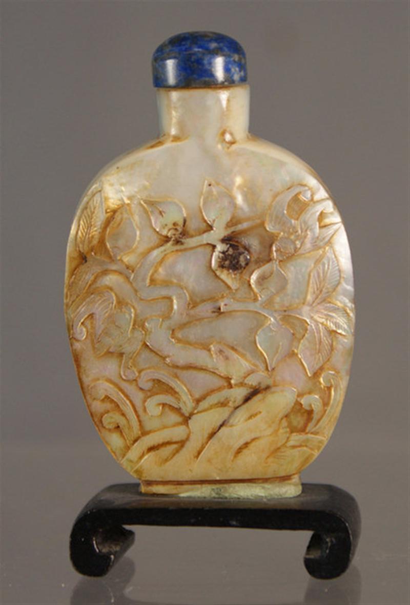 Appraisal: mother of pearl carved snuff bottle birds and fish in