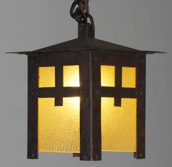 Appraisal: GUSTAV STICKLEY Rare hammered copper lantern with hammered yellow glass