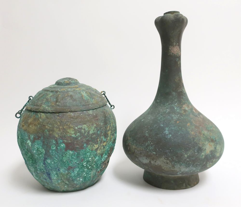 Appraisal: Bronze Garlic Bulb Vase and Lidded Vessel Elegantly shaped garlic-head