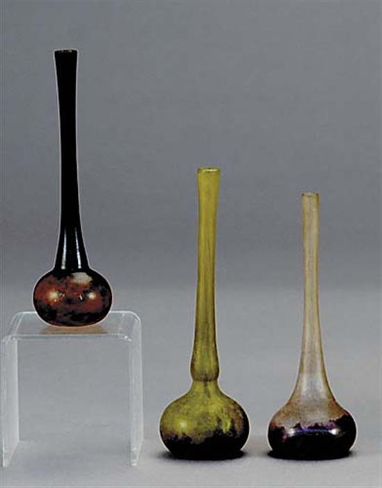 Appraisal: Three Daum Nancy stick glass vases first quarter th centurybulbous