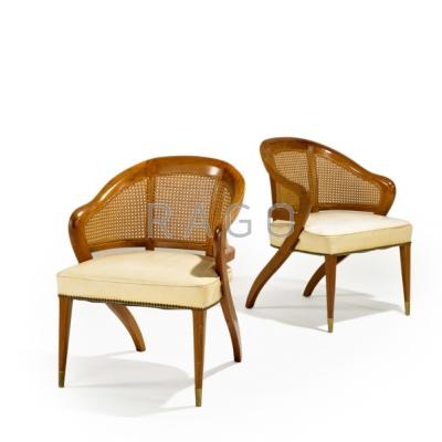 Appraisal: BAKER Pair of armchairs USA s Mahogany cane leather and