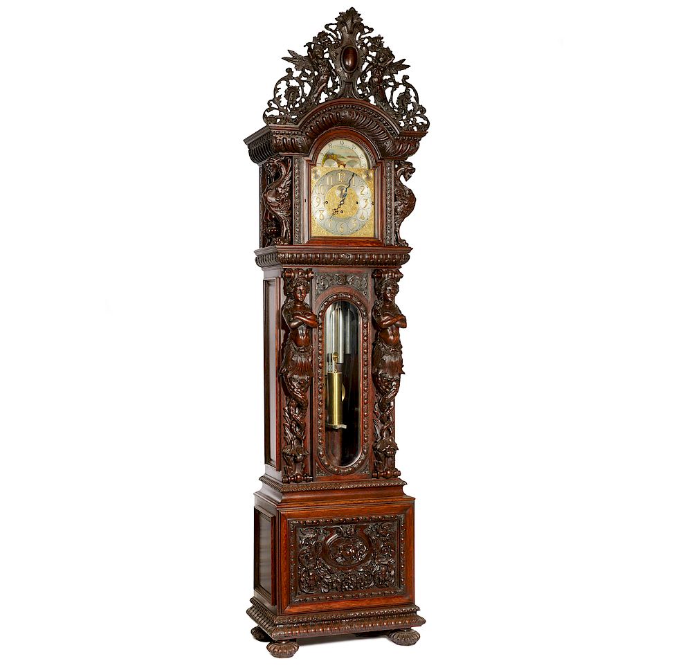 Appraisal: R J Horner Tall Case Clock Carved oak Renaissance Revival