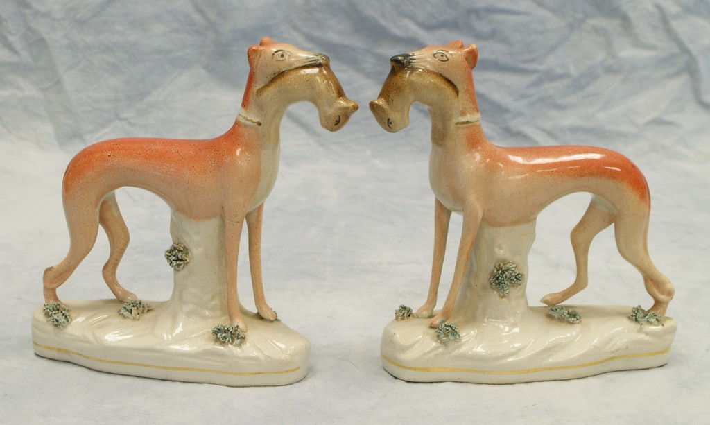 Appraisal: Pr Staffordshire greyhounds with rabbits some glaze flakes craqeulure tall