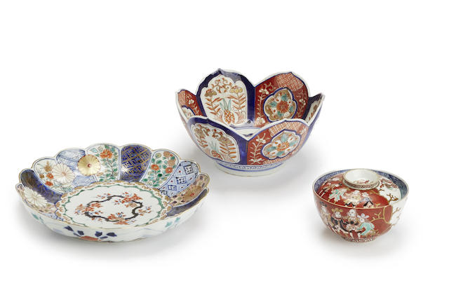 Appraisal: A Japanese Imari dish two later dishes a petal-shaped bowl