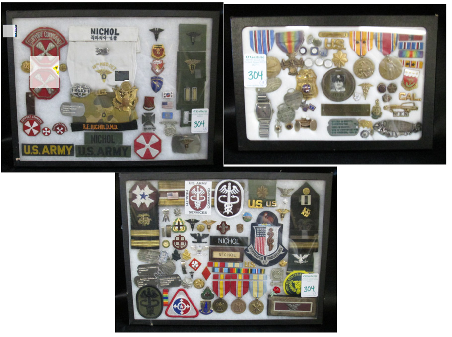 Appraisal: THREE FRAMES OF DR NICHOL'S PERSONAL ITEMS including military pins