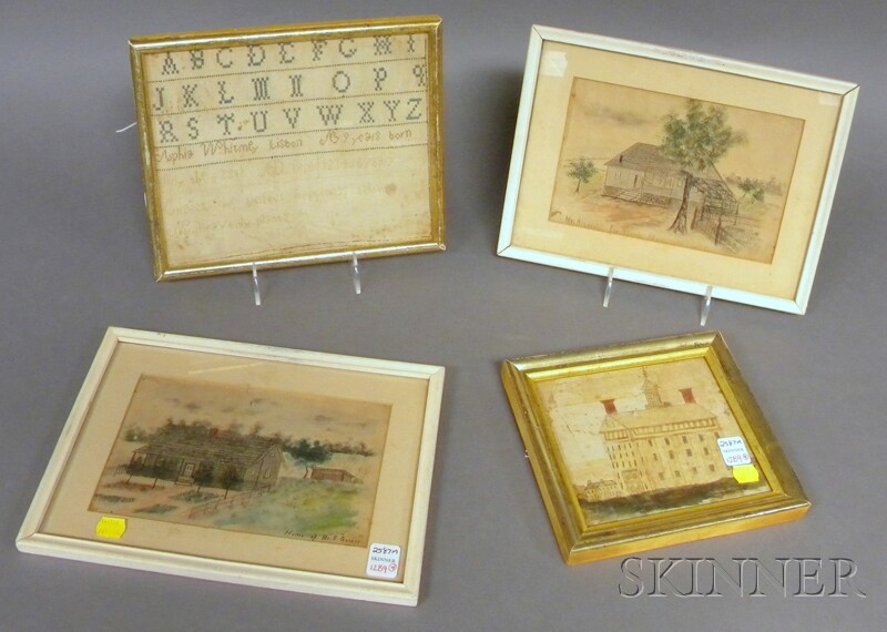 Appraisal: Three Small Framed Primitive House Portraits and Framed Sophia Whitney