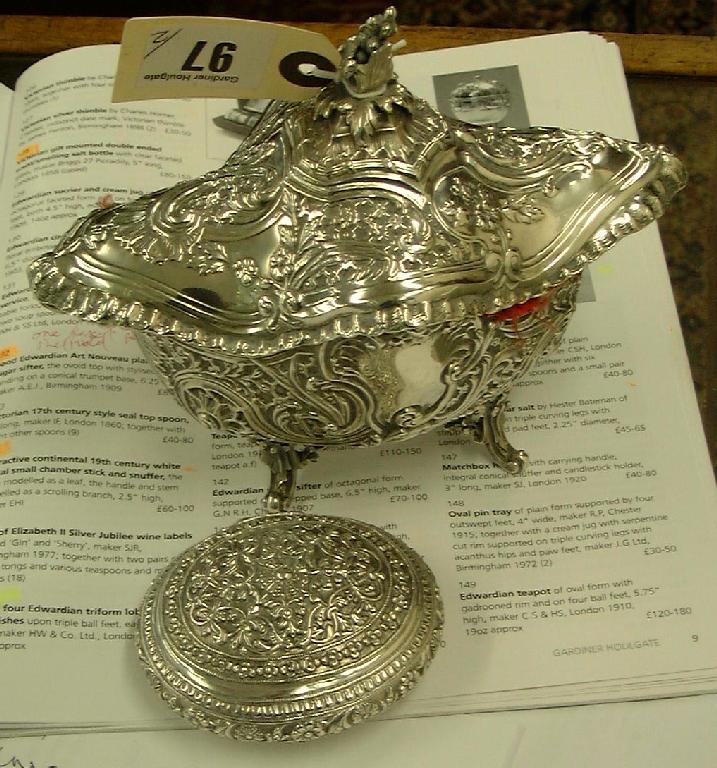 Appraisal: Interesting Continental white metal lozenge shaped lidded casket with repousse