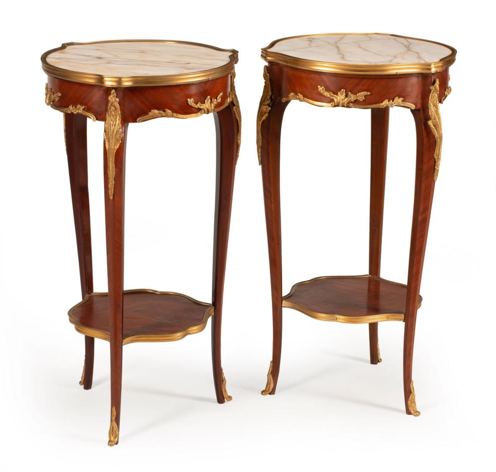 Appraisal: Pair of Louis XV-Style Bronze-Mounted Kingwood Plant Stands inset marble