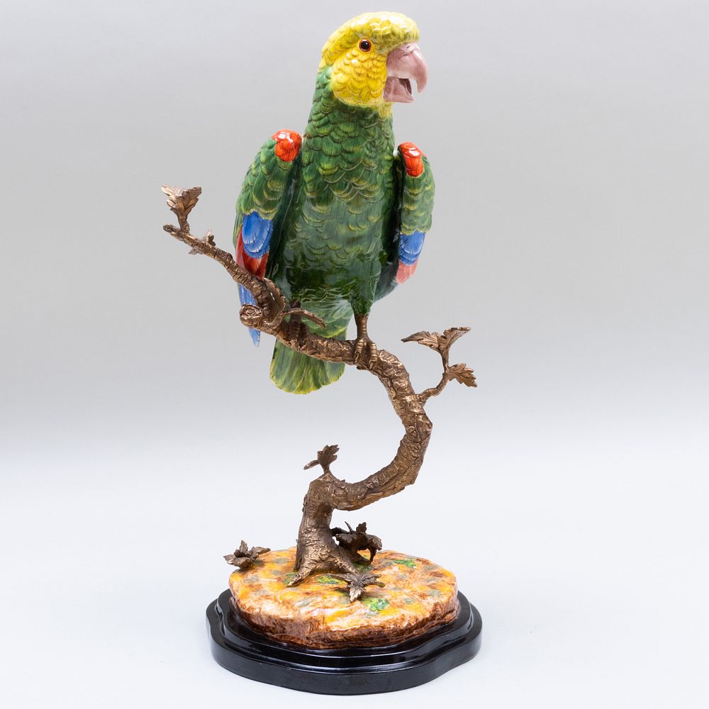 Appraisal: Continental Style Gilt-Metal-Mounted Porcelain Parrot on Stand Iron red pseudo