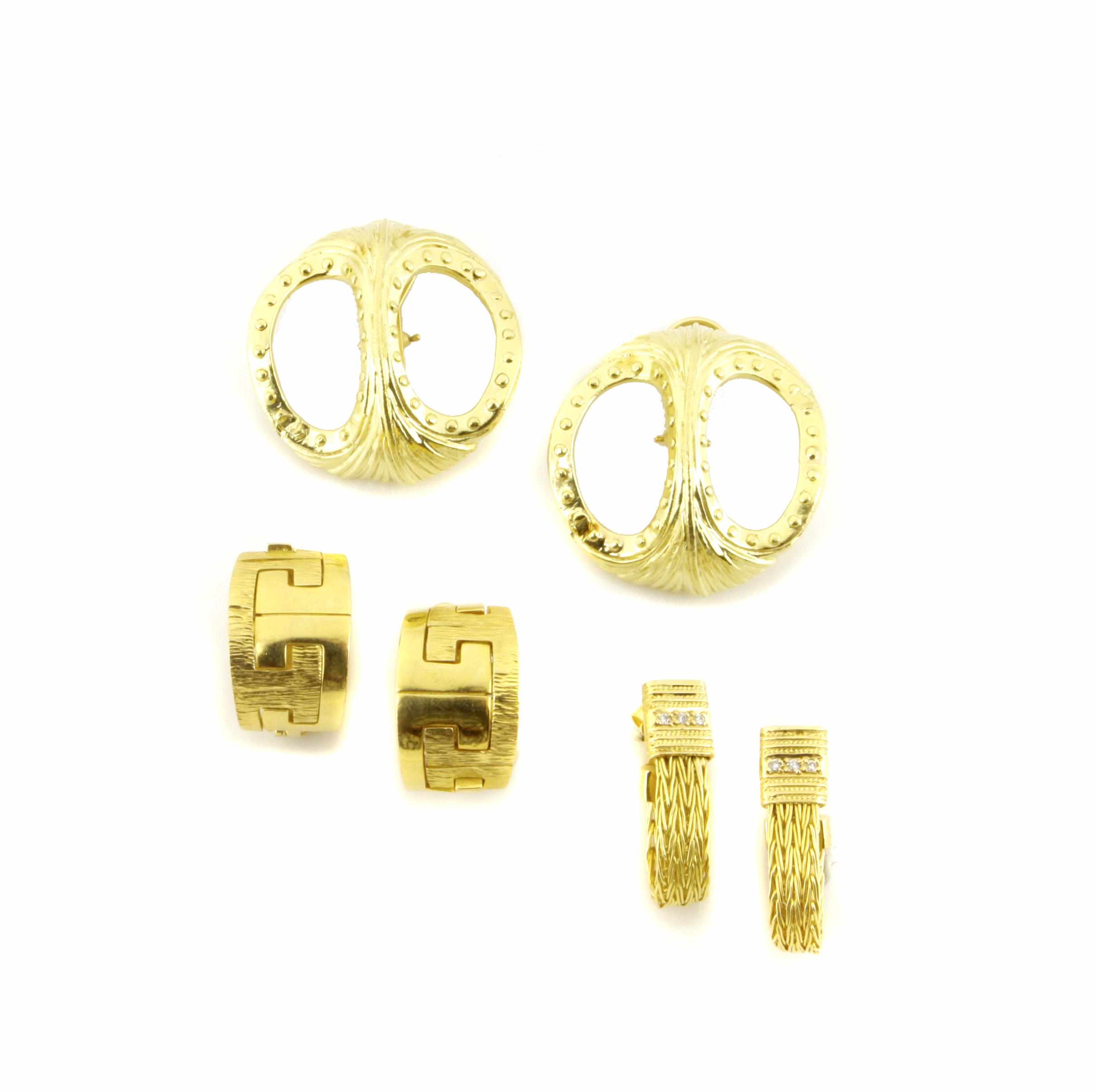 Appraisal: A collection of three pairs of K gold and diamond