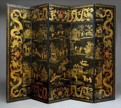 Appraisal: CHINESE EXPORT FIVE-PANEL LACQUER SCREEN The front decorated with village