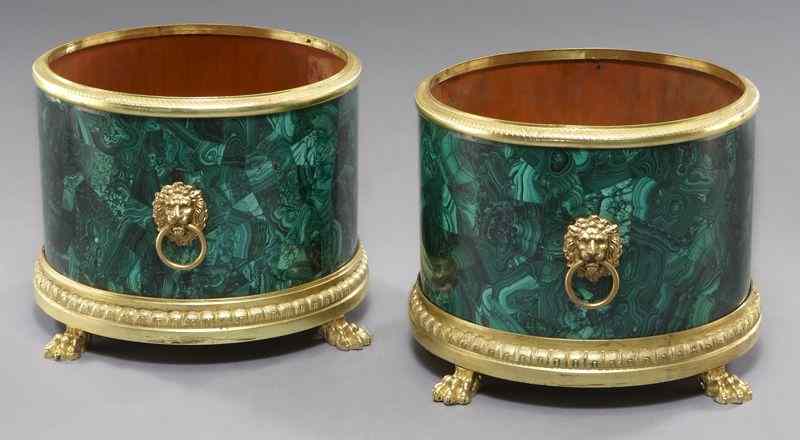 Appraisal: Pr Malachite and dore bronze jardiniereswith gilt bronze lion's head