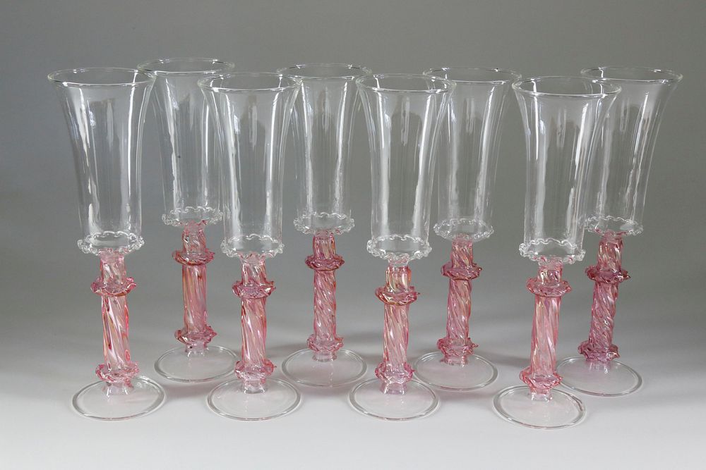 Appraisal: Eight Venetian Hand Blown Glass Champagne Flutes th Century Set