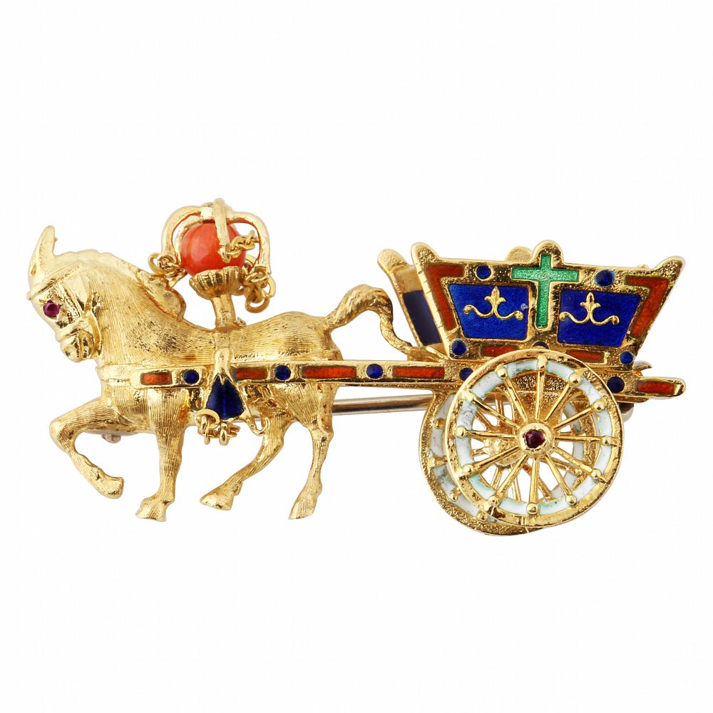 Appraisal: K GOLD HORSE-AND-CARRIAGE BROOCH K GOLD HORSE-AND-CARRIAGE BROOCH italian made