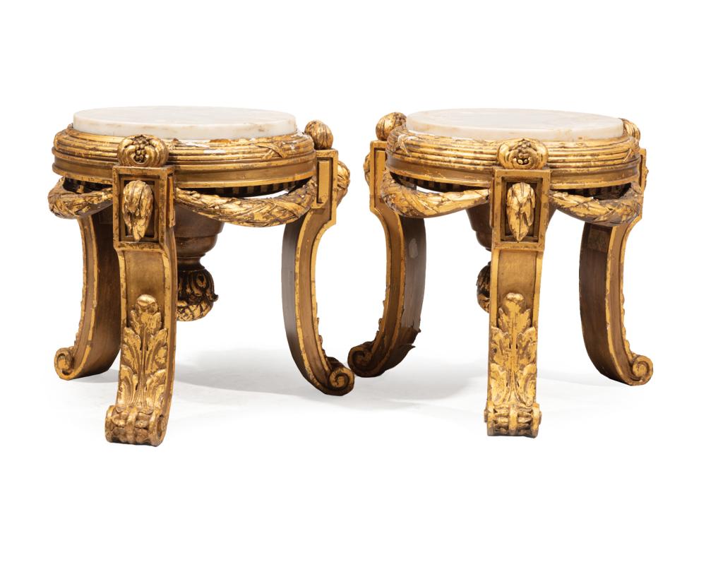 Appraisal: Pair of Continental Giltwood Stands inset marble tops foliate scrolled