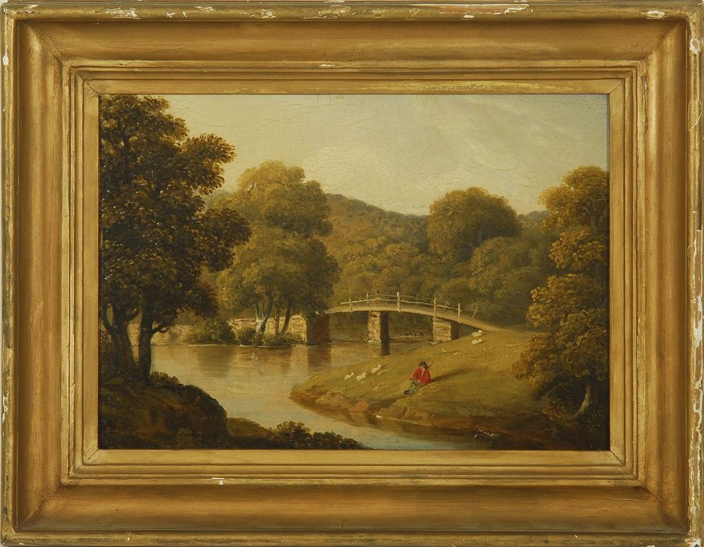 Appraisal: FRAMED PAINTING Late th CenturyA gentleman seated on the bank