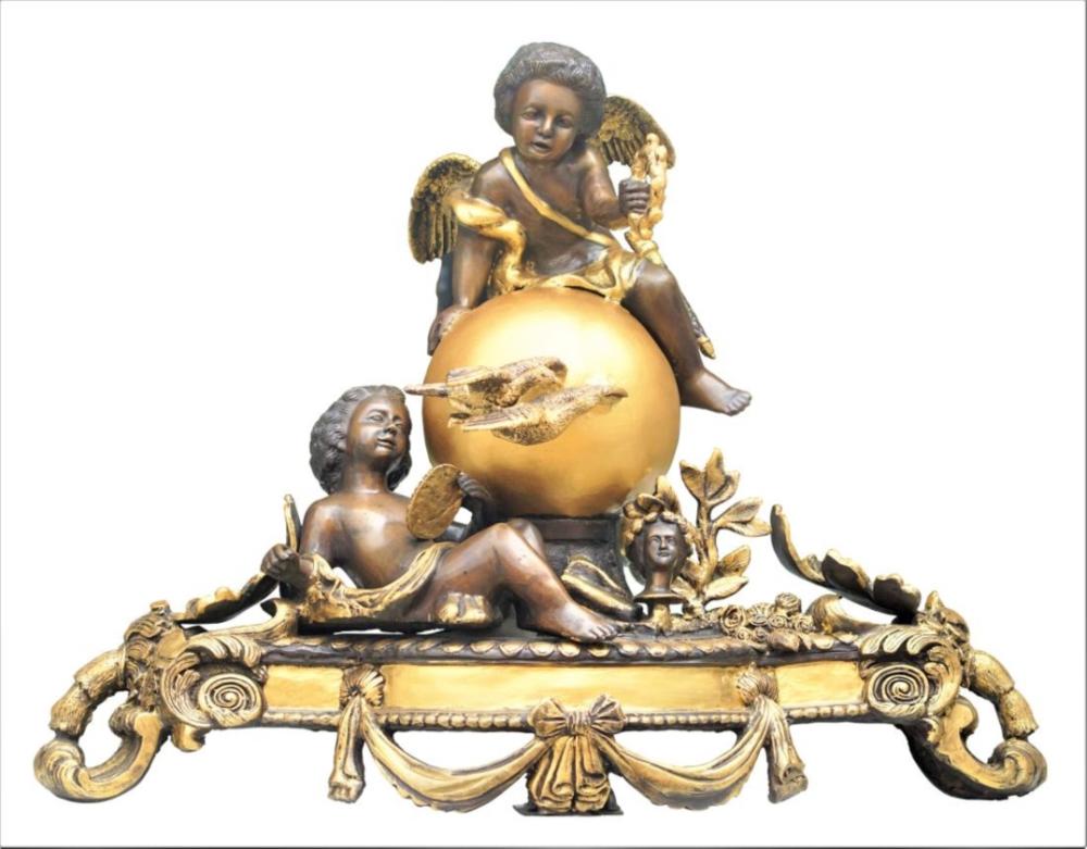 Appraisal: GILT BRONZE CENTERPIECE WITH CHERUBIMGilt bronze centerpiece with cherubim foliate