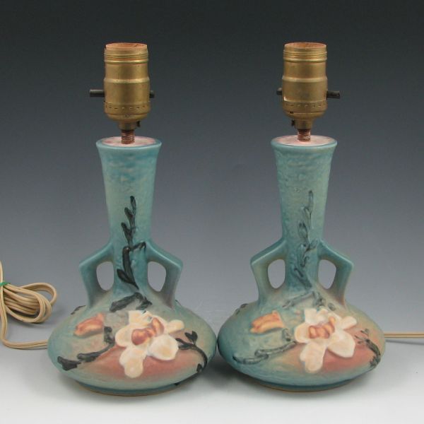 Appraisal: Pair of blue Roseville Magnolia lamp vases Marked Roseville USA