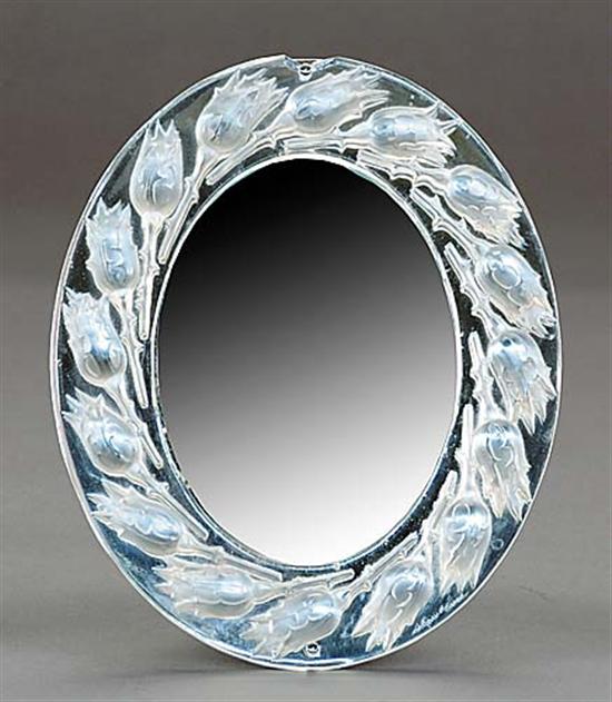 Appraisal: Lalique crystal mirror frame th centuryoval form with molded rosebud