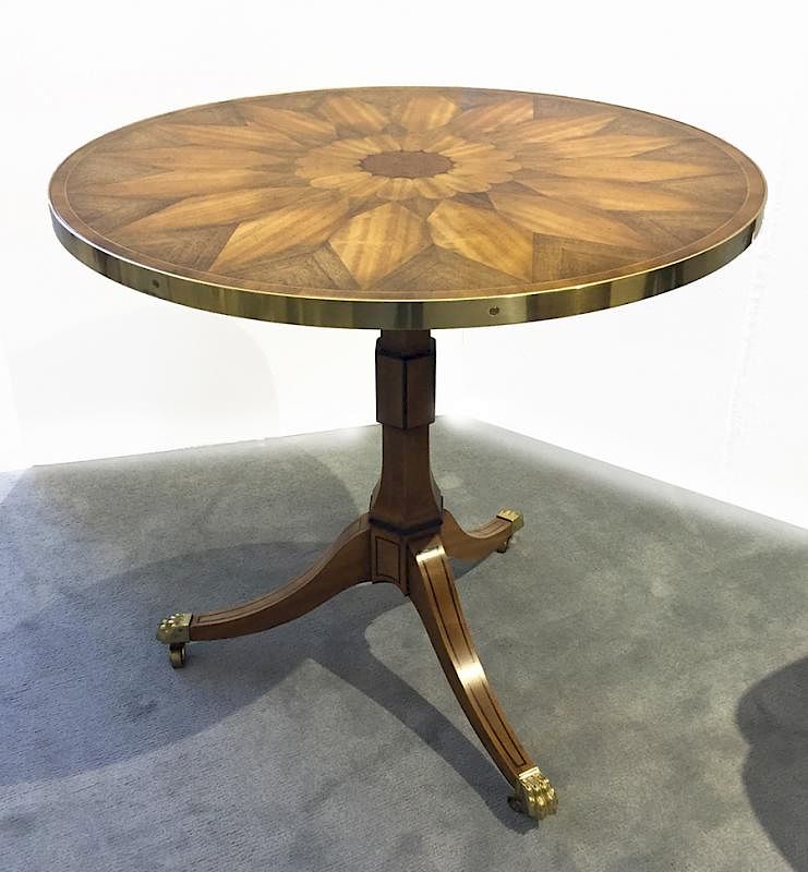 Appraisal: Pair of round fruitwood with exotic wood inlay side tables