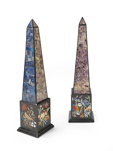 Appraisal: A pair of veneered and pietra dura ebonized obelisks Each