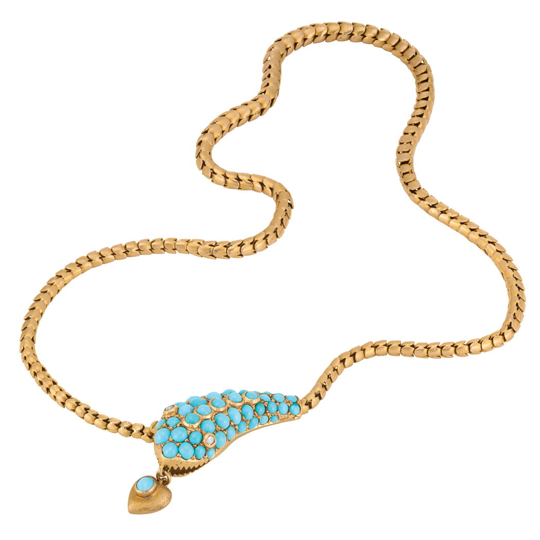 Appraisal: Antique Gold Turquoise and Diamond Snake Necklace The snake's head