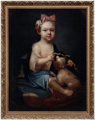 Appraisal: th century portrait of child tying a collar on a