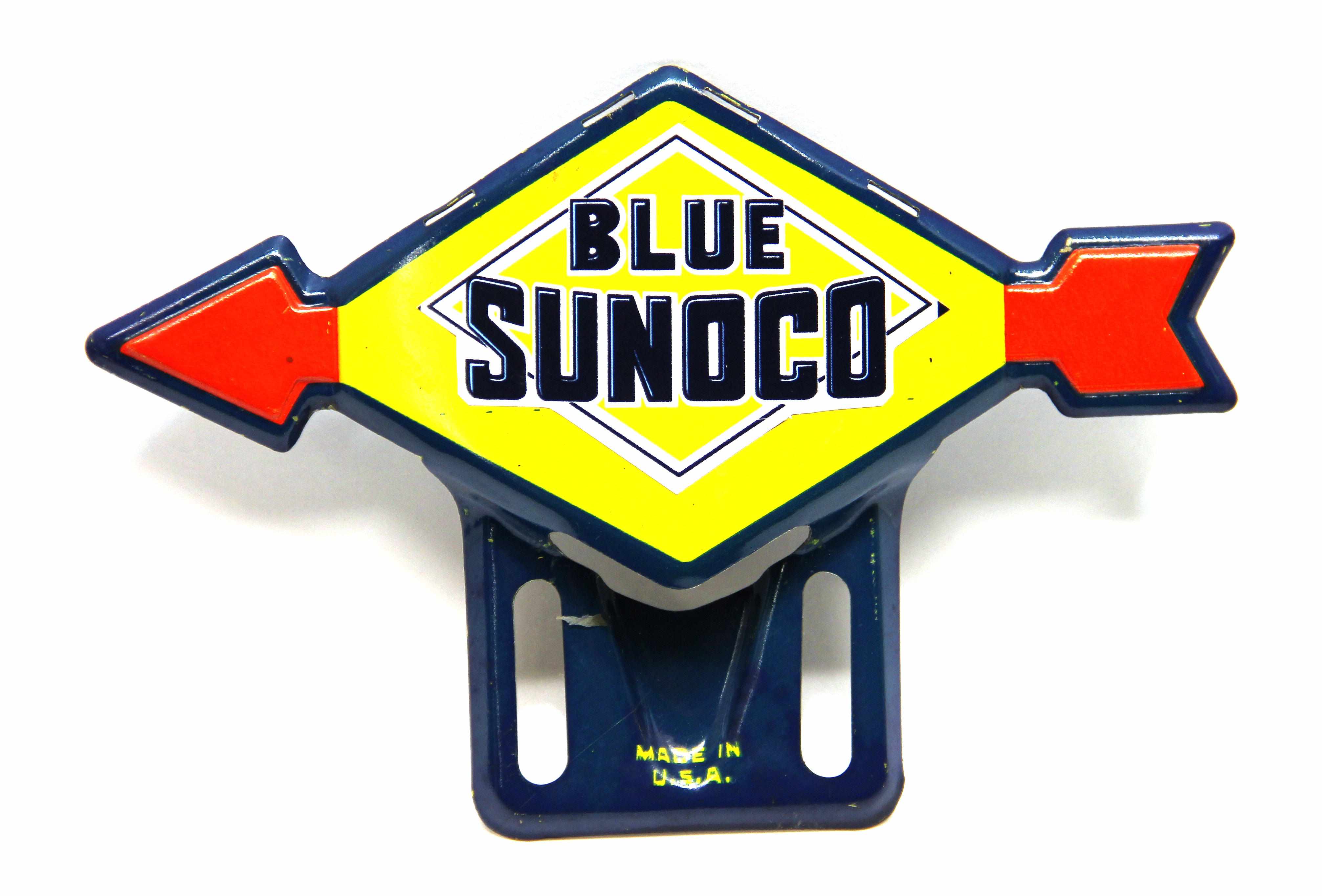 Appraisal: A Sunoco Blue license plate topper multi-colored tin X in