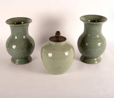 Appraisal: A near pair of Chinese celadon baluster vases cm high