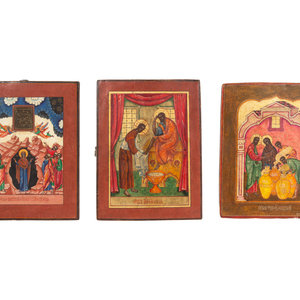 Appraisal: Three Russian Painted Wood Icons th th Century Largest example