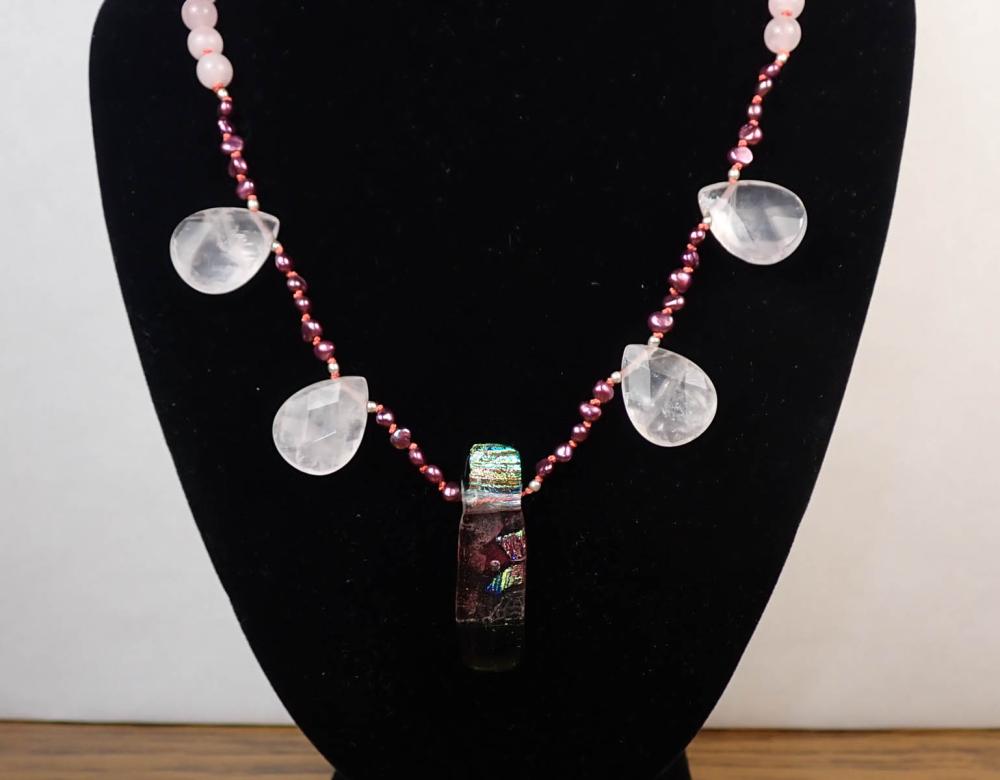 Appraisal: ROSE QUARTZ AND BURGUNDY PEARL NECKLACE - hand-knotted strand with