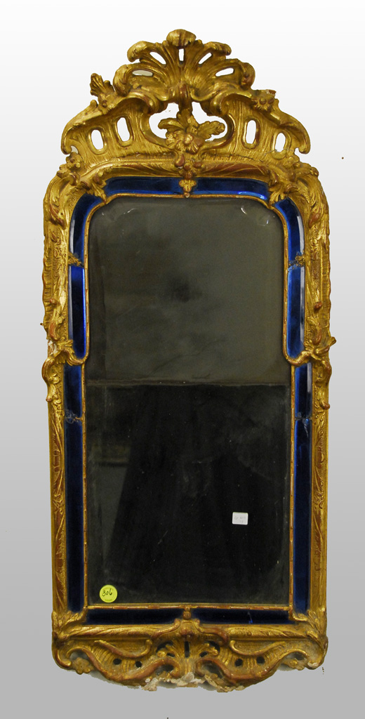 Appraisal: CONTINENTAL CARVED GILTWOOD BLUE BEVELLED GLASS WALL MIRROR x inches