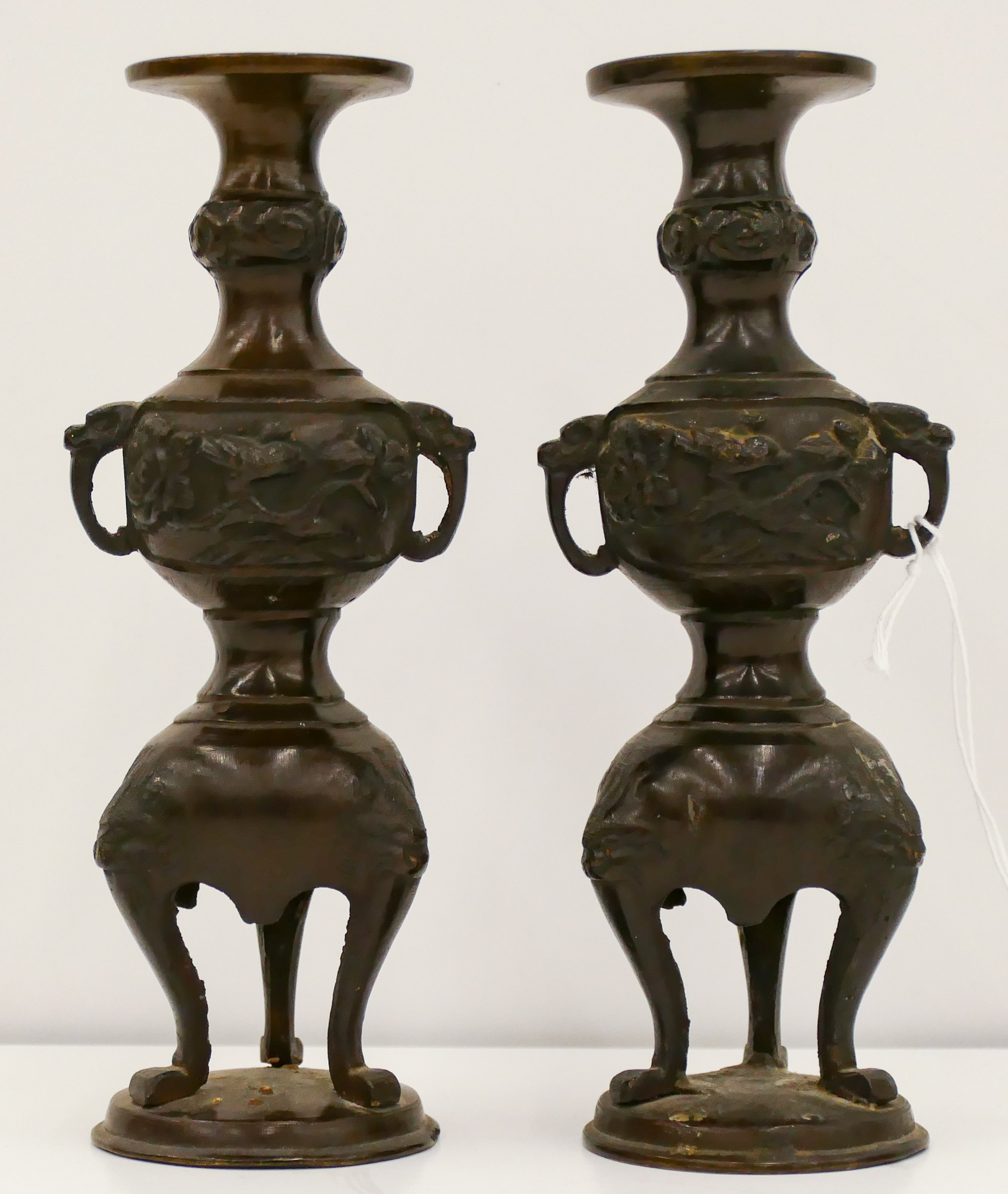 Appraisal: Pair Meiji Japanese Bronze Candlesticks ''