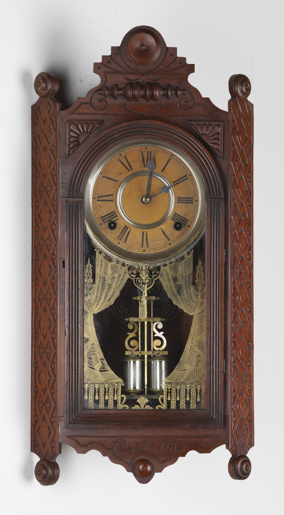 Appraisal: Gilbert Corner A Wall Clock Pressed incised carved walnut case