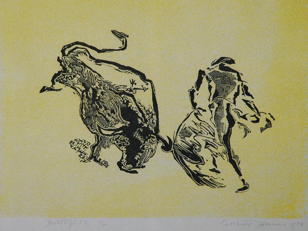 Appraisal: C HESMES twentieth century LITHOGRAPHIC PRINT Bull Fighters signed and