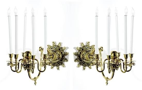 Appraisal: Pair gilt-metal five-light sconces circa foliate backplate issuing scrolling arms