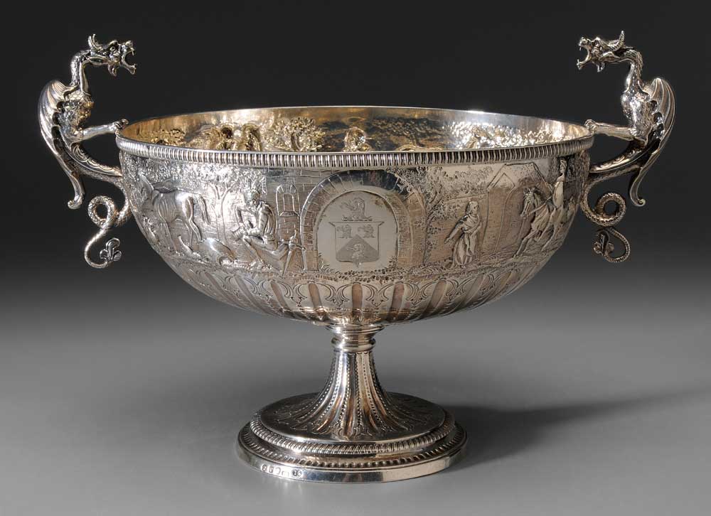 Appraisal: John Scofield English Silver Punch Bowl London pedestal base griffin