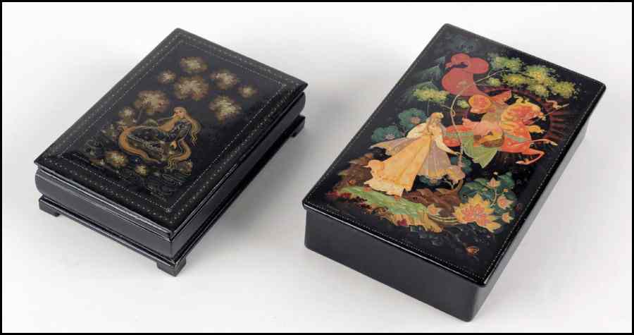 Appraisal: TWO RUSSIAN LACQUERED BOXES Larger '' x '' x ''