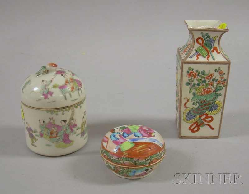 Appraisal: Three Asian Ceramics two dome-shaped covered dishes and a four-sided