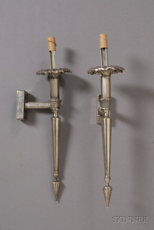 Appraisal: Pair of Art Moderne Silvered Metal Wall Sconces unmarked electrified